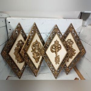 Vintage Syroco Diamond Wall Art Set: Faux Wood Floral Filigree Hollywood Regency